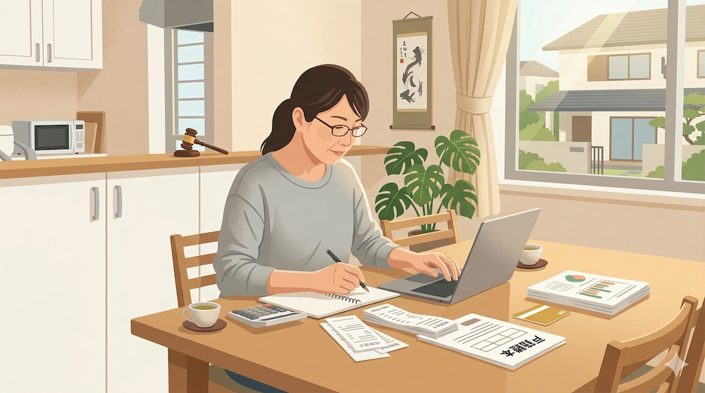 親族後見人が、本人の財産を管理するために家計簿と領収書を整理している様子。
