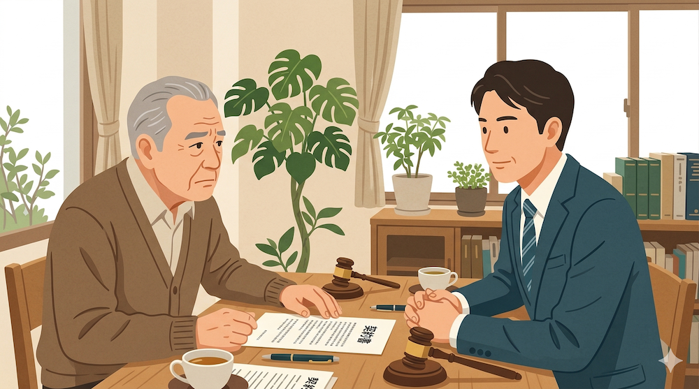遺言執行者について司法書士に相談している高齢男性の様子。遺言者の想いを実現する重要性を表している。