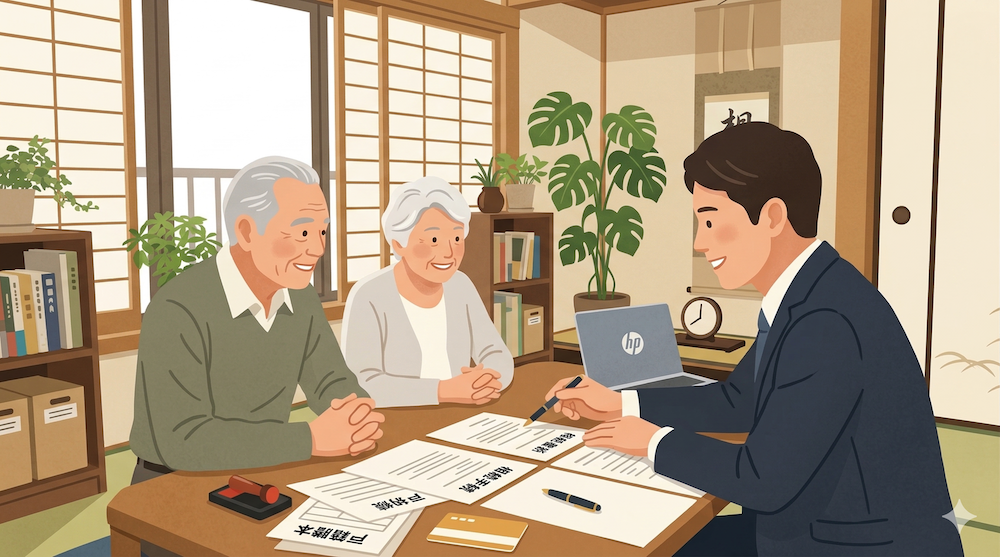司法書士と相談する老夫婦。任意後見契約のサポート内容について説明を受けている。