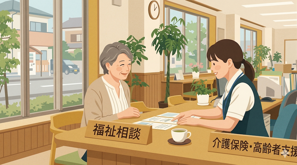 市区町村の役所の窓口で、成年後見制度の助成金について相談している様子の写真。費用負担の軽減策について専門家から説明を受け、安心している。
