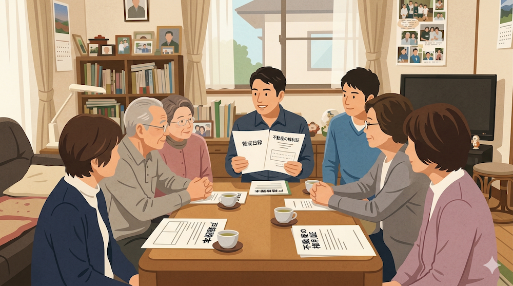 成年後見制度の利用について親族会議を開いている家族。リビングのテーブルで書類を広げ、真剣に話し合っている。