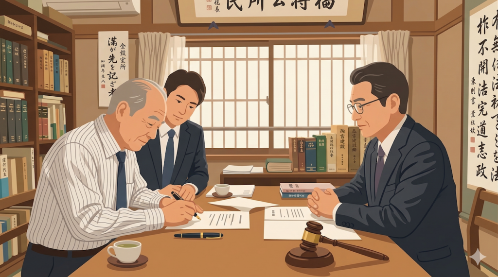 公証役場で公正証書遺言を作成する高齢男性。司法書士が隣でサポートし、安心して署名している様子。