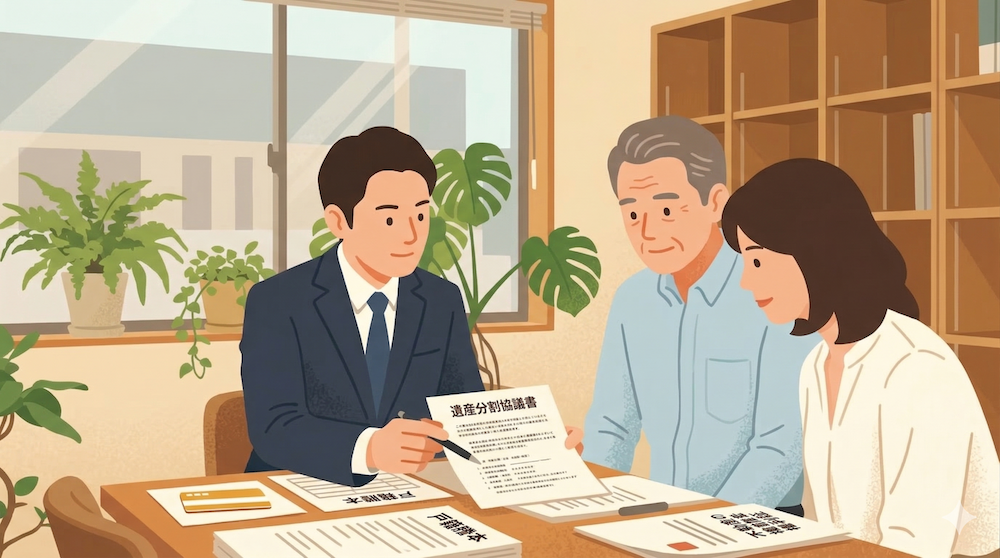 司法書士が相談者夫婦に遺産分割協議書の書き方を説明している様子。専門家への相談によって複雑な書類作成の不安が解消されるイメージ。