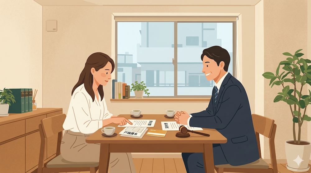 相続放棄の期限について司法書士に相談している女性。不安な表情から少し安堵の表情に変わりつつある様子。