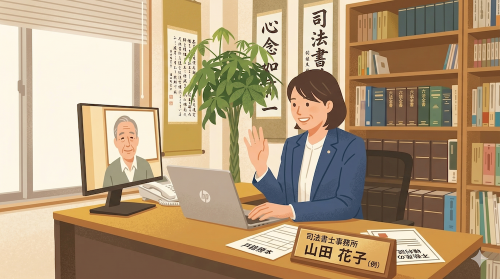 オンラインで全国の相続登記に対応する司法書士。ノートパソコンに向かい、笑顔で相談者に対応している。