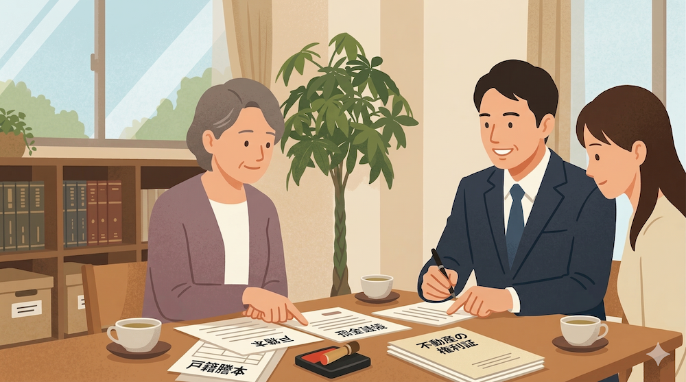 家庭裁判所の調査官と面談する女性。落ち着いた雰囲気の部屋で、申立ての事情について真剣に話をしている様子。