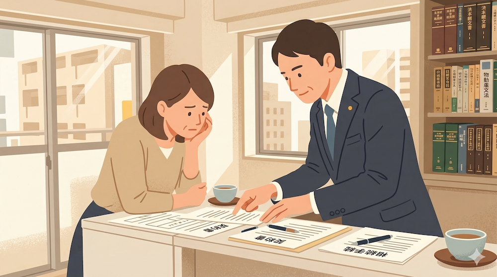 司法書士に相続放棄について相談している女性。専門家が書類を元に丁寧に説明し、女性の不安が和らいでいる様子。