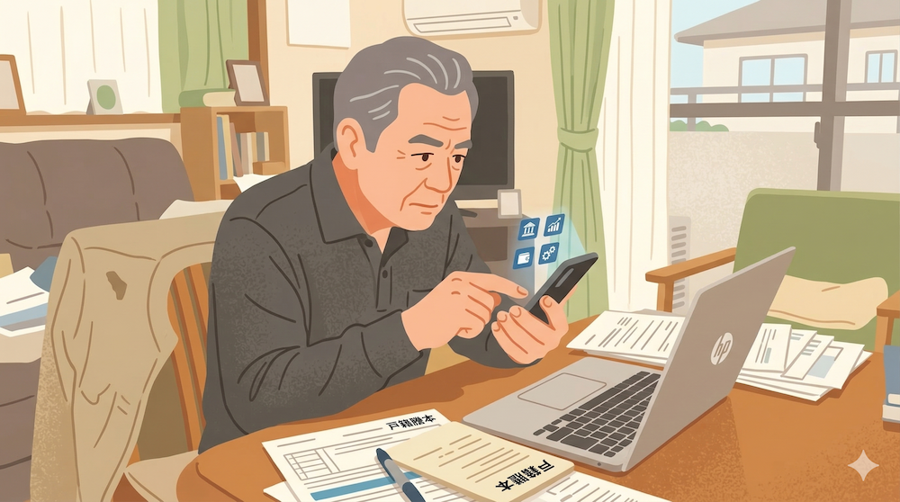 相続手続きで、故人のスマートフォンに残されたネット銀行やネット証券などのデジタル資産の調査をしている男性。