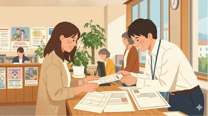 尼崎市役所で固定資産評価証明書を取得する女性相続人のイメージ写真。