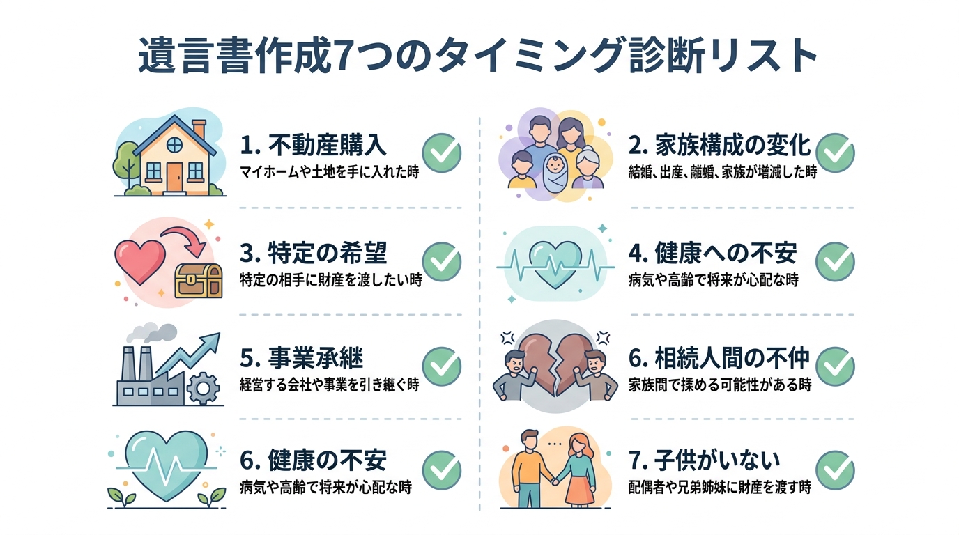 遺言書を作成するべき7つのタイミングを示したチェックリストの図解。不動産購入、家族構成の変化、健康への不安などの項目がアイコンと共に並んでいる。