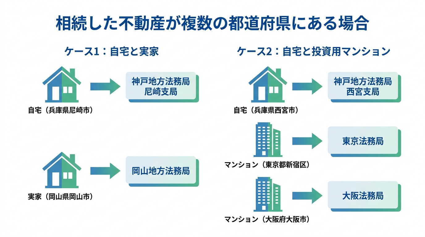 他府県にまたがる不動産を相続した場合の、申請先法務局の具体例を示した図解。自宅と実家、自宅と複数の投資用マンションのケースが示されている。