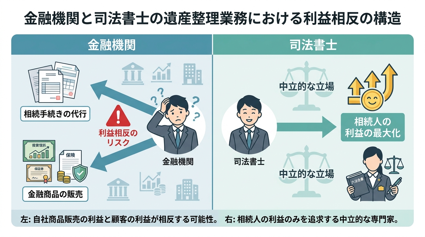 金融機関の遺産整理における利益相反のリスクと、司法書士の中立性を比較した図解。金融機関は手続き代行と商品販売の二面性がある一方、司法書士は相続人の利益のみを追求する。