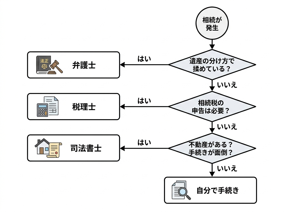 相続手続きの依頼先を判断するためのフローチャート。「揉めているか」「相続税は必要か」「不動産はあるか」という質問に答えることで、最適な専門家(弁護士、税理士、司法書士)がわかる。