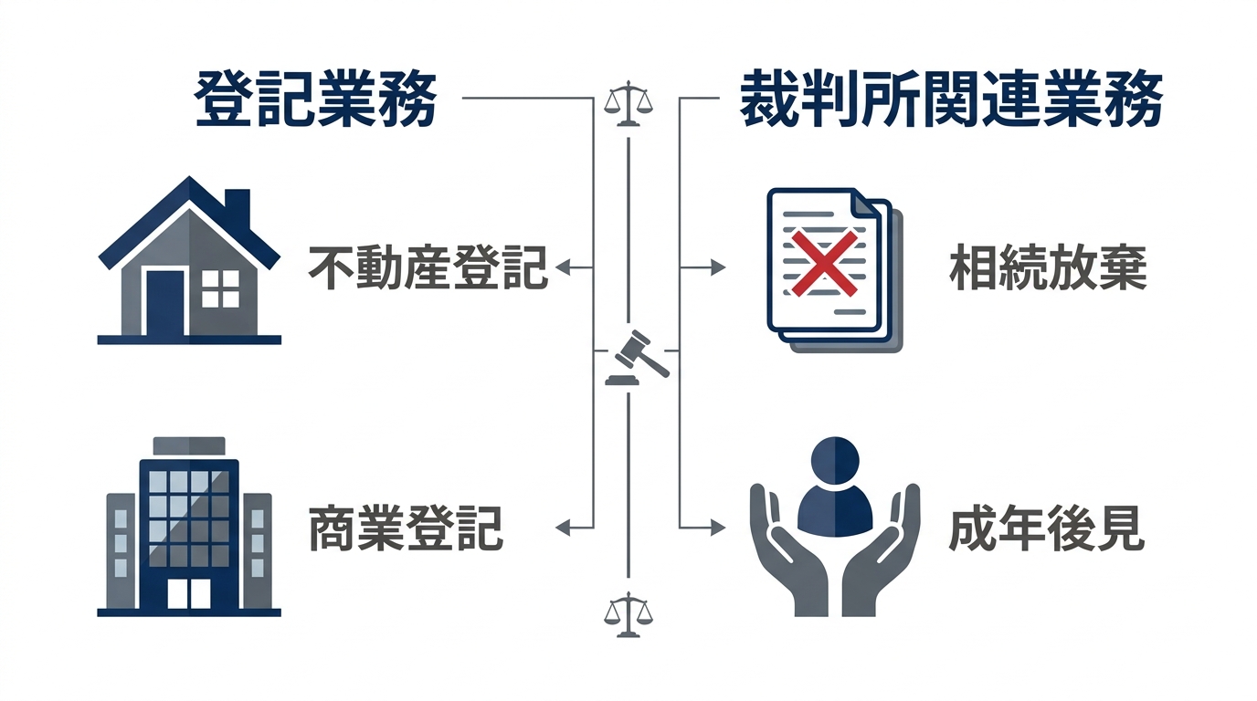 司法書士の独占業務である登記業務（不動産・商業）と裁判所関連業務（相続放棄・成年後見）を分かりやすく分類した図解。