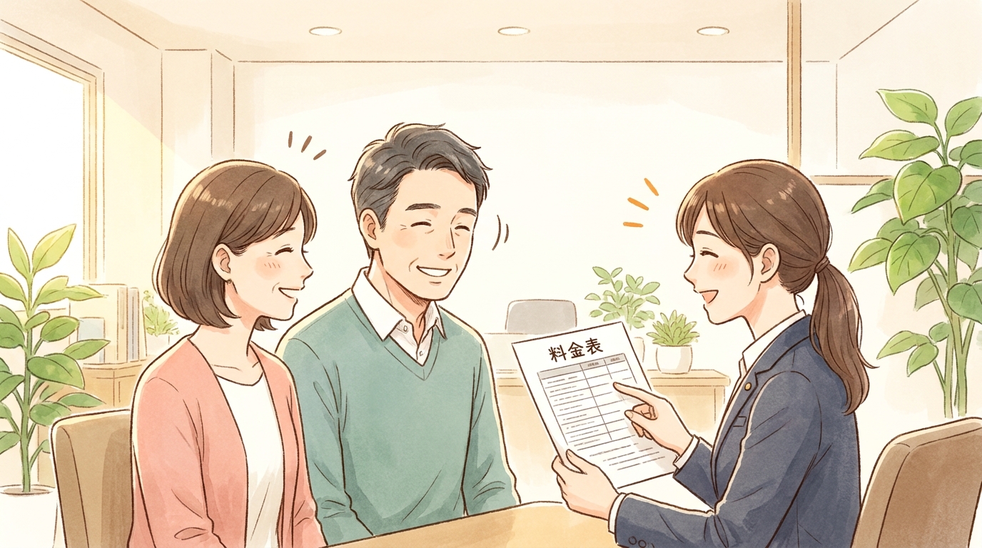 司法書士事務所で、相続手続きの費用について説明を受ける夫婦。明確な料金説明に安心している様子。