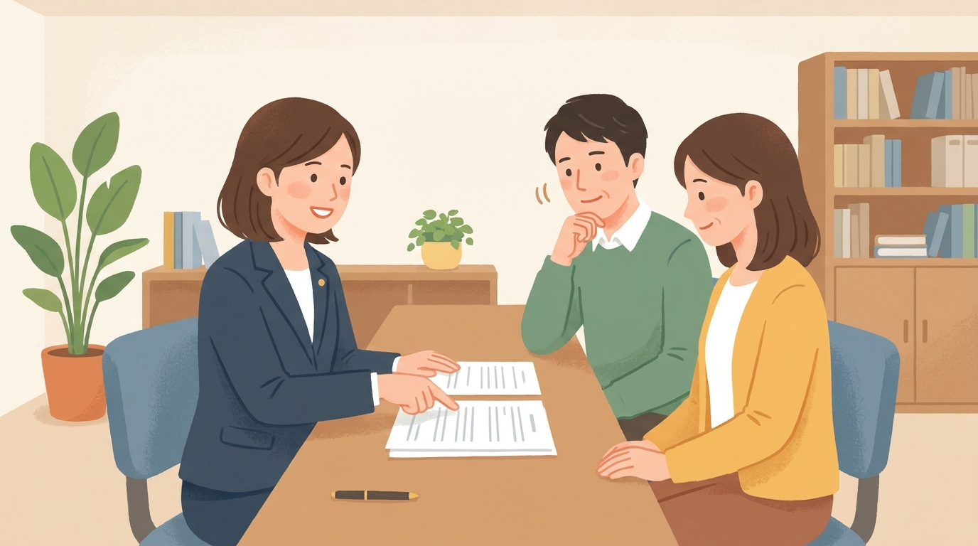 司法書士が相談者夫婦に親身に説明しているイラスト。相談者が安心して話を聞いている様子が描かれている。