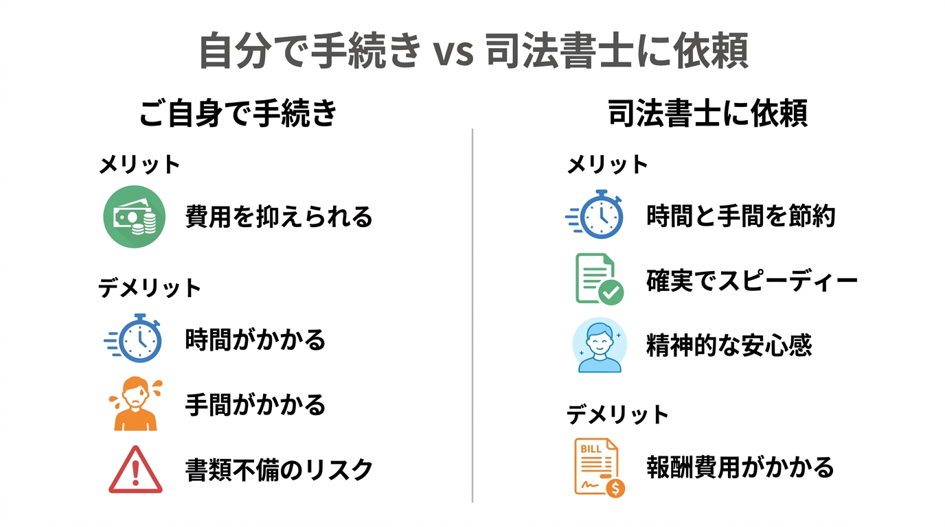 他府県にまたがる不動産相続登記を、自分で手続きする場合と司法書士に依頼する場合のメリット・デメリットを比較した図解。