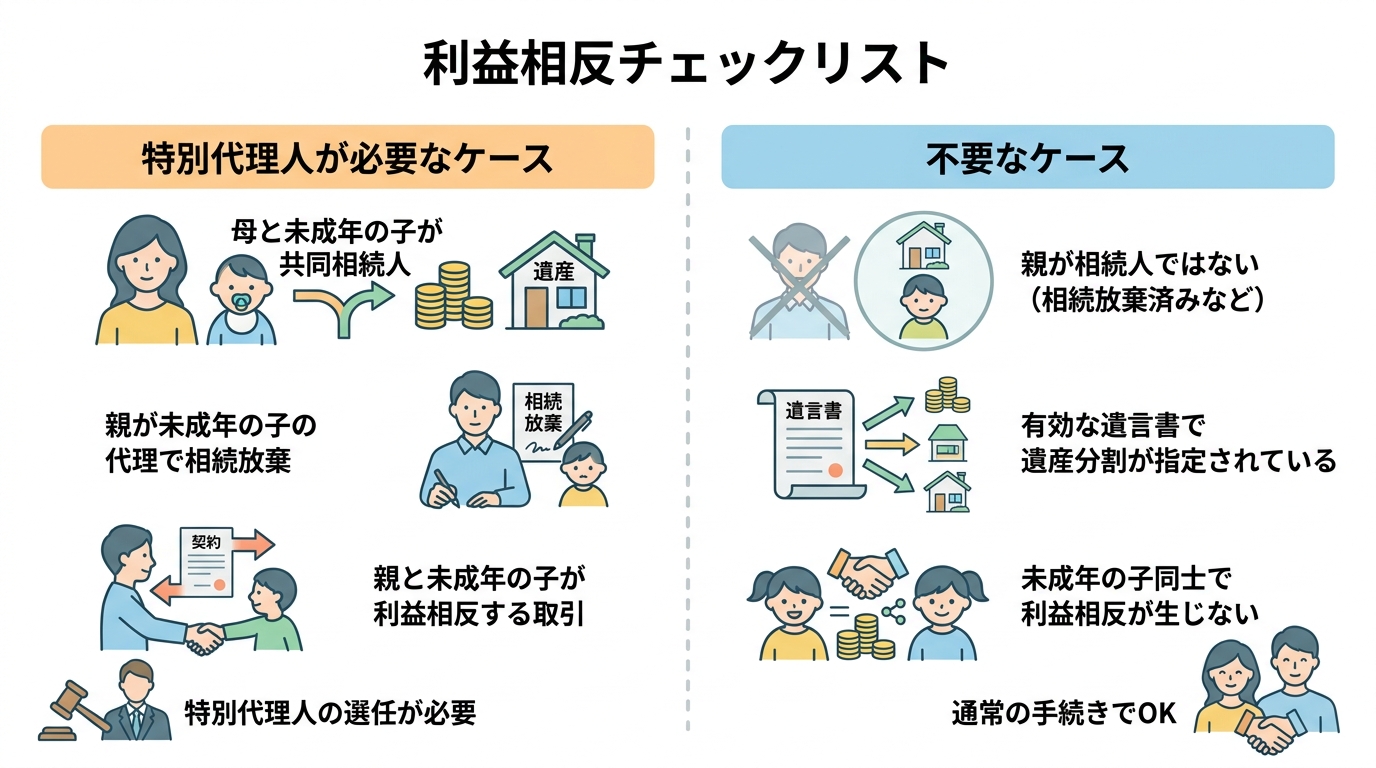 相続で特別代理人が必要なケースと不要なケースを比較するチェックリストの図解。利益相反に当たる状況と当たらない状況が分かりやすくまとめられている。