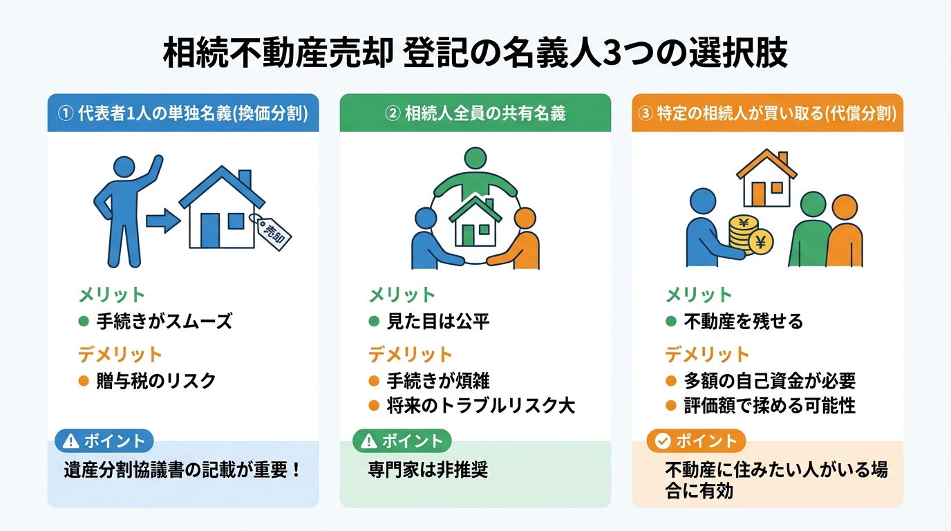相続不動産を売却する際の3つの登記方法(換価分割、共有名義、代償分割)のメリット・デメリットを比較した図解。