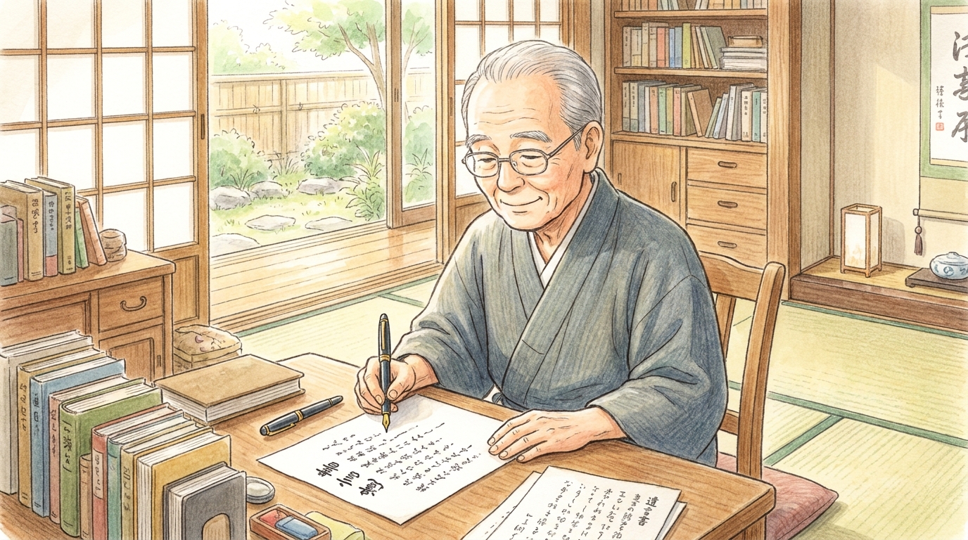 遺言書を作成する男性のイラスト。遺言執行者を指定し、将来への安心を得ている様子。