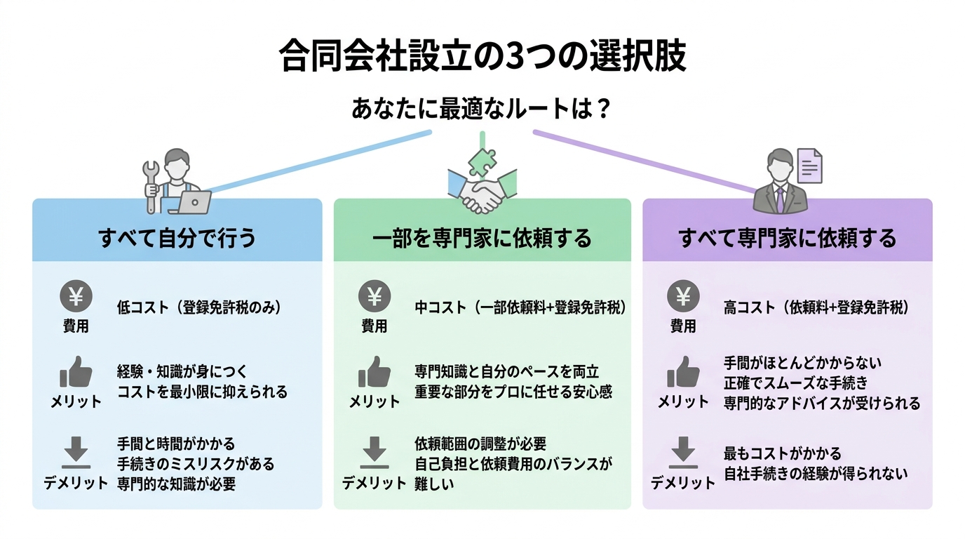 合同会社設立における3つの選択肢（すべて自分、一部専門家、すべて専門家）の費用、メリット、デメリットを比較した図解。