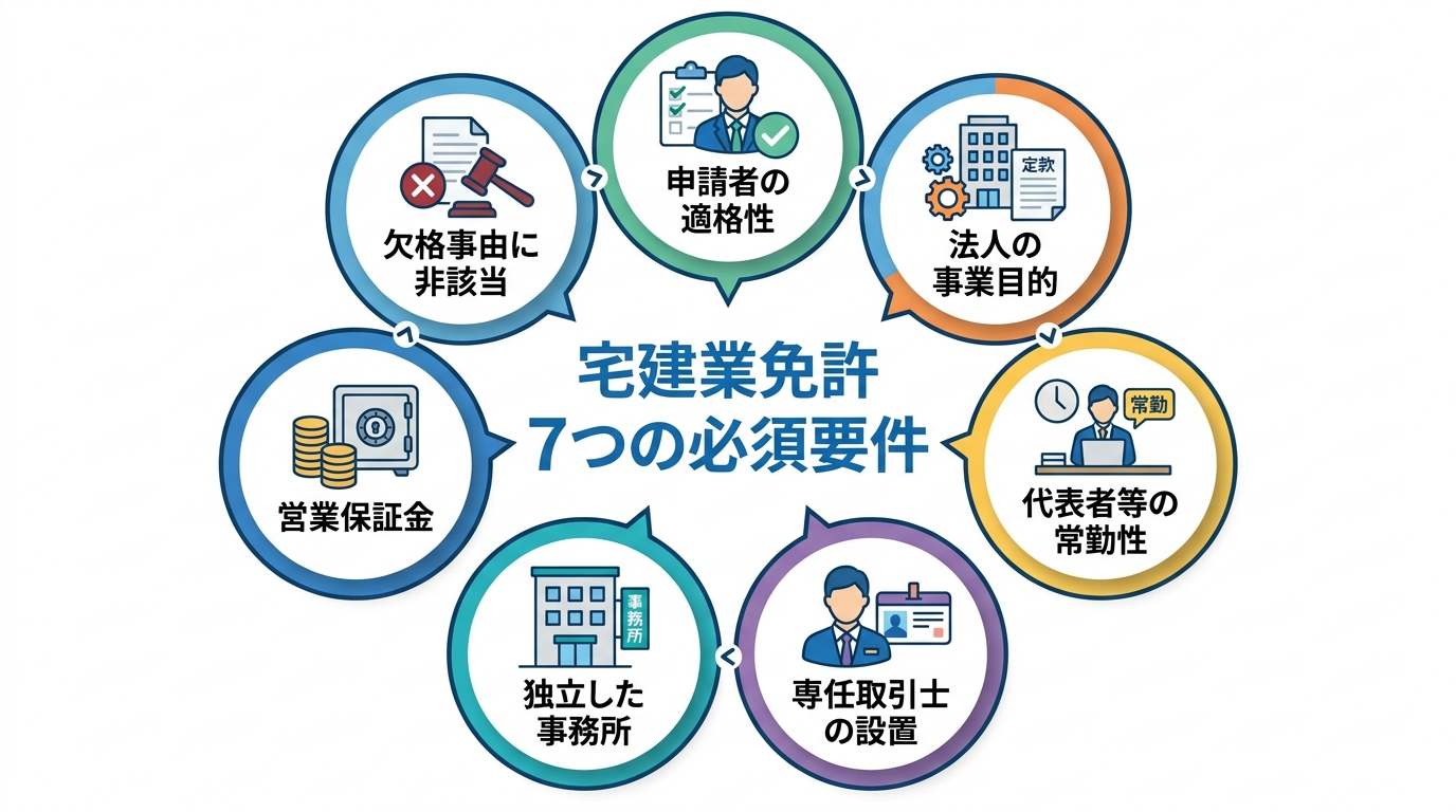 宅建業免許取得に必要な7つの必須要件（申請者の適格性、法人の事業目的、代表者等の常勤性、専任取引士の設置、独立した事務所、営業保証金、欠格事由に非該当）をまとめたチェックリストの図解。
