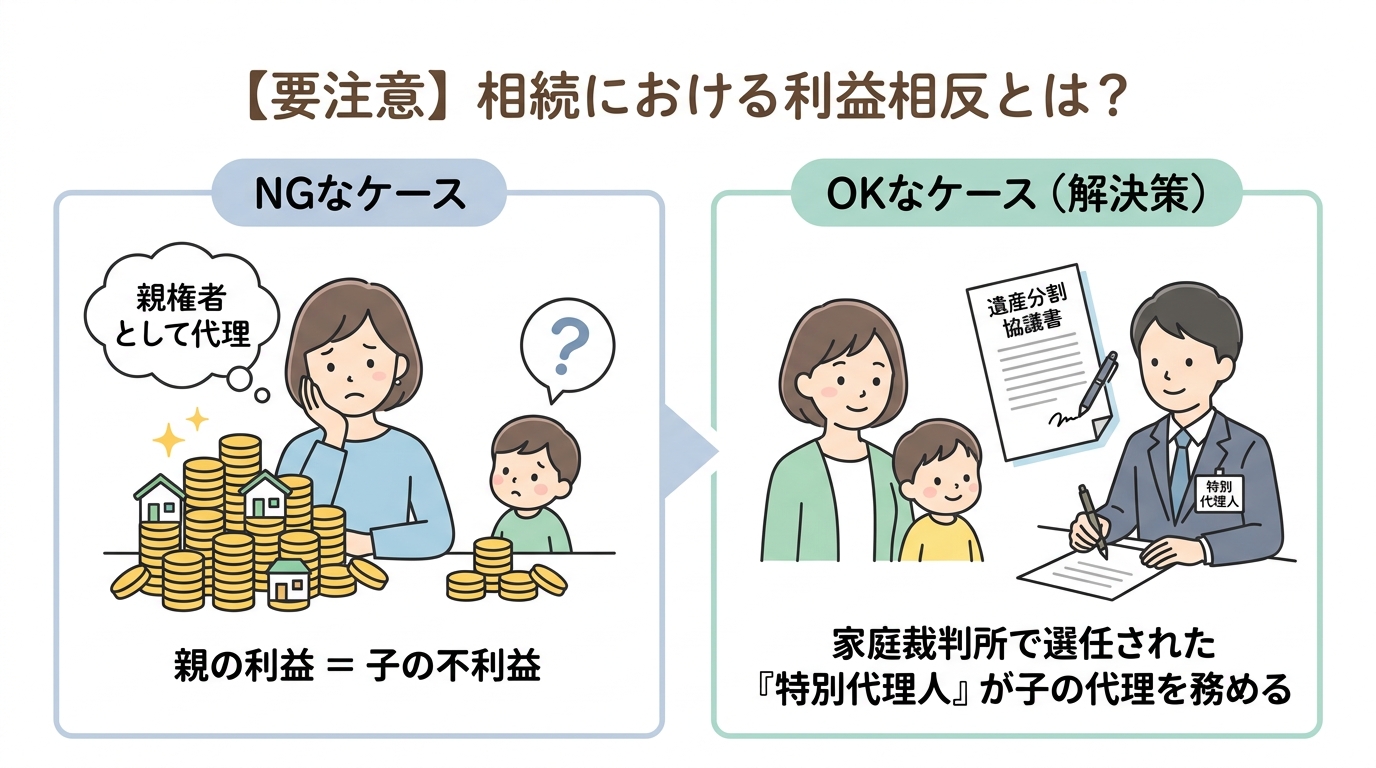 相続における利益相反の解説図。親権者が子の代理人になれないケースと、特別代理人を選任する解決策をイラストで示している。