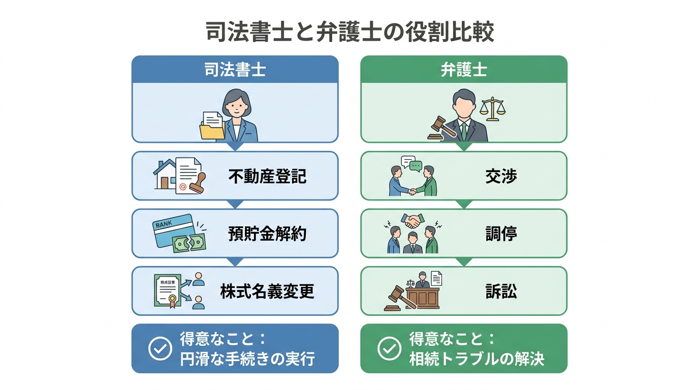 司法書士と弁護士の役割比較図。司法書士は手続きの専門家、弁護士は紛争解決の専門家であることが示されている。