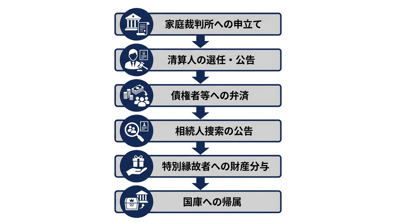 相続財産清算人の手続きの流れを示したフローチャート。申立てから国庫帰属までの6つのステップを解説。