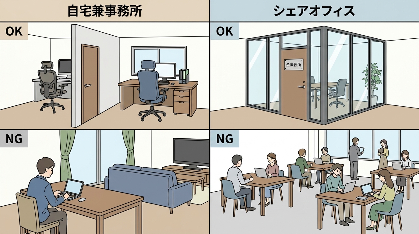 宅建業免許における事務所要件の解説図。自宅兼事務所とシェアオフィスについて、独立性が確保されたOK例と、認められないNG例をイラストで比較しています。