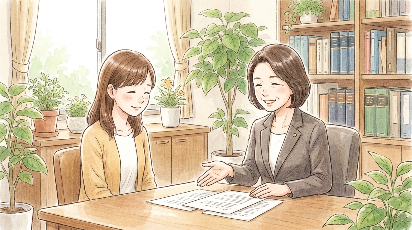 司法書士事務所で、女性司法書士が相談者の女性に親身にアドバイスしているイラスト。相談者が安心している様子が描かれている。