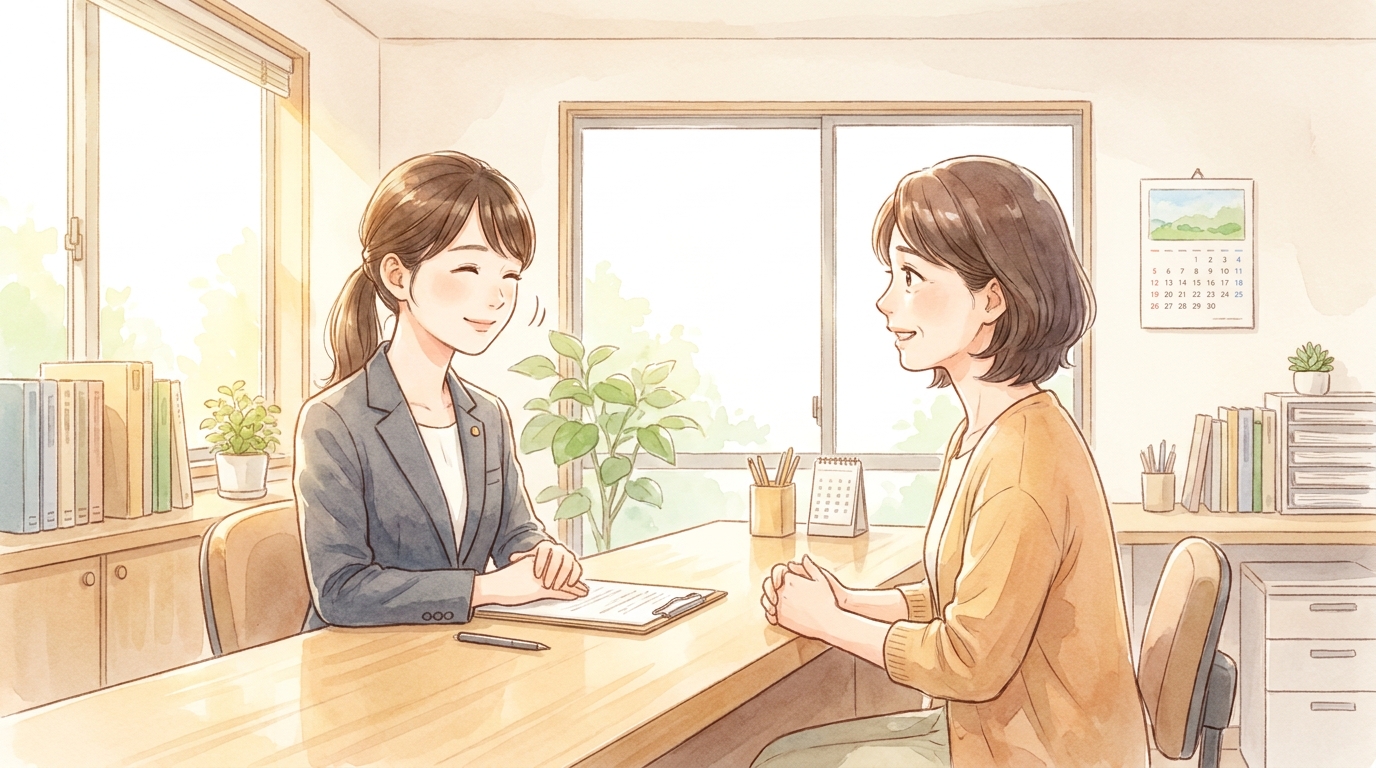 女性司法書士に相談する女性のイラスト。専門家に相談することで不安が解消されていく様子。