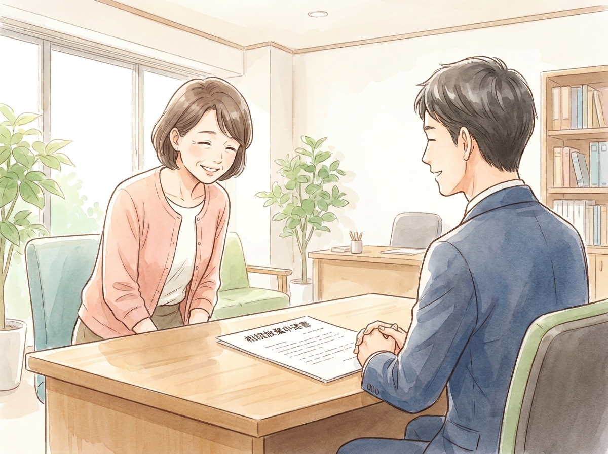 相続放棄の手続きを終えて安心している相談者のイラスト。