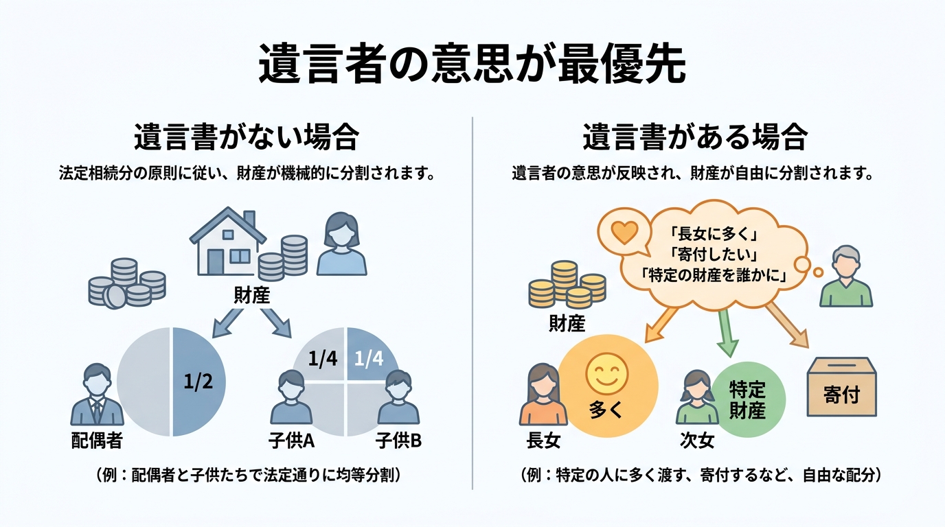 遺言書がある場合とない場合の相続分の違いを比較する図解。遺言書があれば法定相続分より優先され、遺言者の意思通りに財産を分けられることを示している。