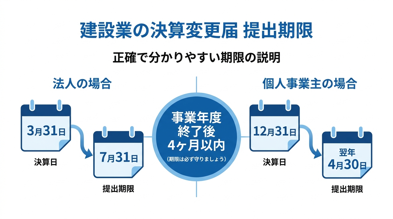 建設業の決算変更届の提出期限を示す図解。法人は事業年度終了後4ヶ月以内、個人事業主は翌年4月30日まで。