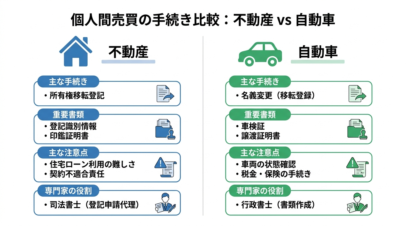 不動産と自動車の個人間売買における手続きの違いを比較した図解。主な手続き、重要書類、注意点、専門家の役割の4項目で両者の相違点を分かりやすく示している。