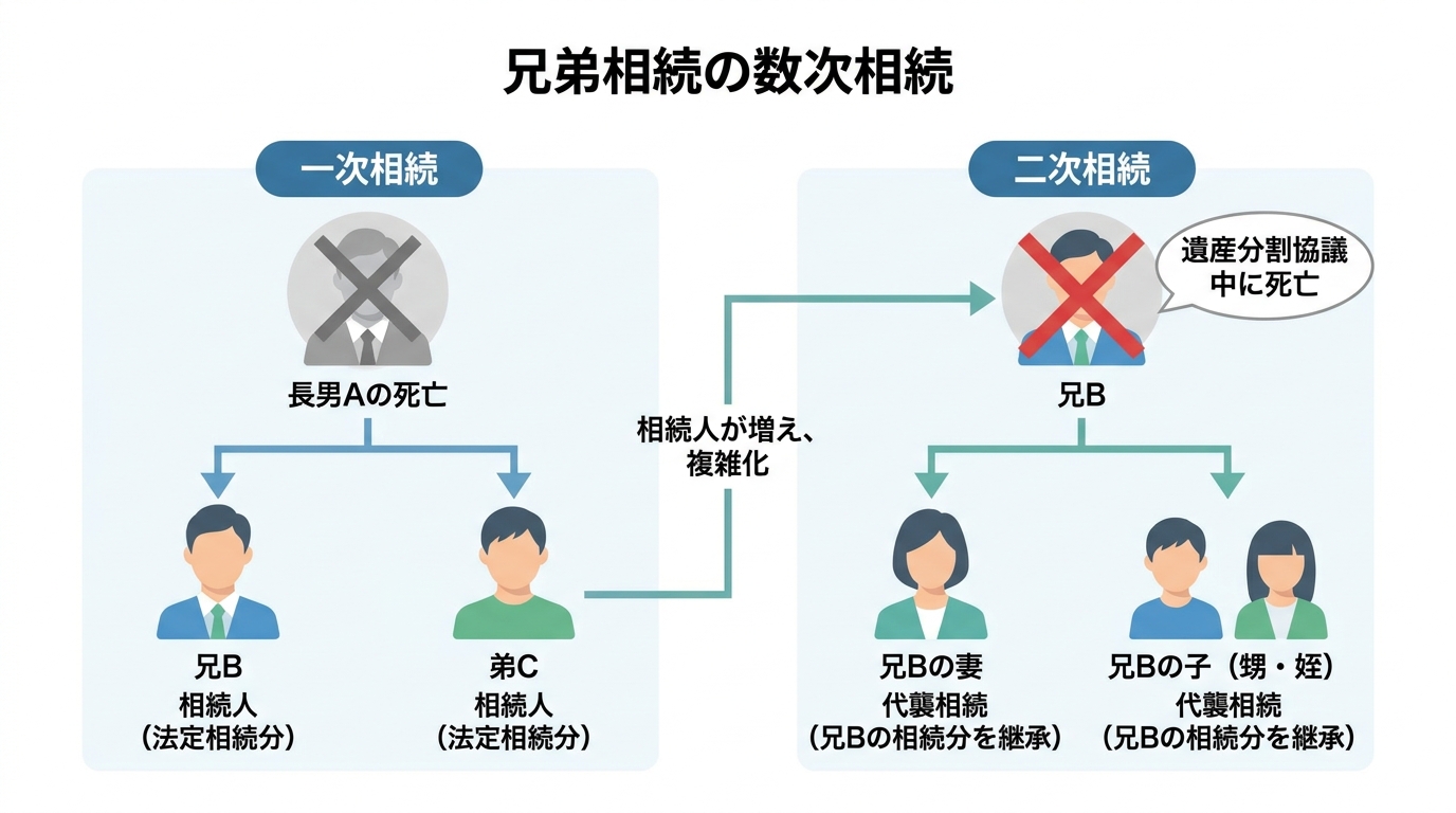 数次相続の仕組みを図解したインフォグラフィック。長男の相続手続き中に相続人の兄が亡くなり、その妻と子が新たに相続人に加わる流れを示している。