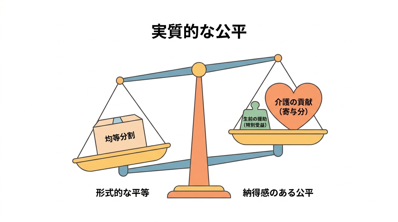 相続における実質的な公平性を天秤で表現した図。左の皿は均等分割で傾き、右の皿は生前の援助や介護の貢献を考慮して釣り合っており、納得感のある公平の重要性を示している。