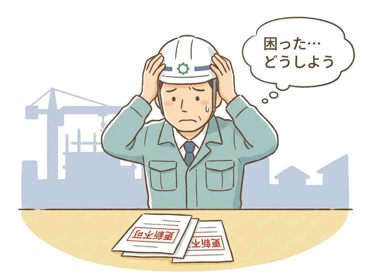 建設業許可の更新ができず頭を抱える事業者のイラスト。決算変更届の未提出によるリスクを象徴している。