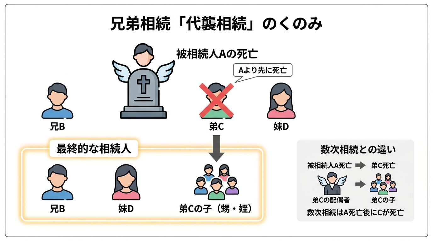 代襲相続の仕組みを図解したインフォグラフィック。被相続人より先に亡くなっていた弟の代わりに、その子である甥・姪が相続人になる様子を示している。