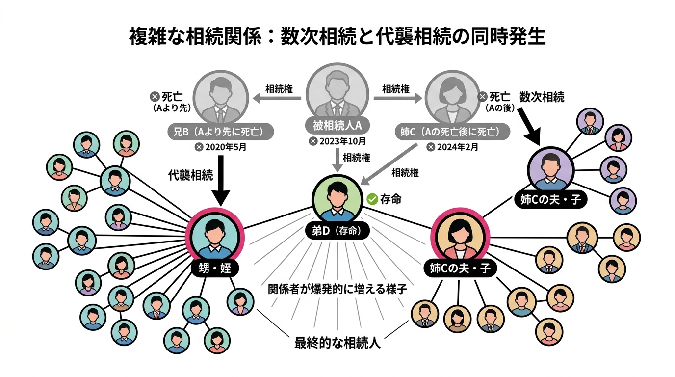 数次相続と代襲相続が同時に発生した複雑なケースの相続関係図。代襲相続で甥・姪が、数次相続で姉の夫と子が相続人となり、関係者が増える様子が示されている。