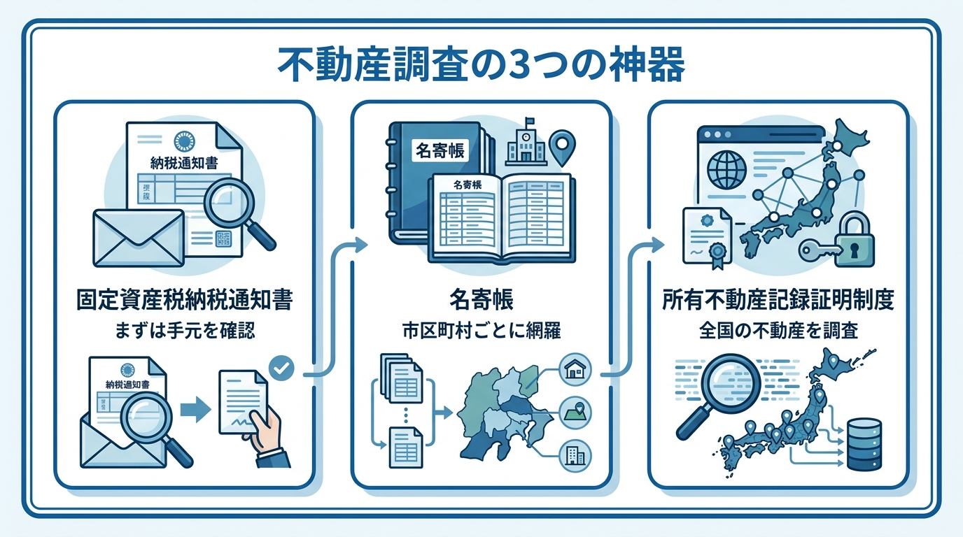 多数の不動産を相続した際の財産調査方法を示す図解。「固定資産税納税通知書」「名寄帳」「所有不動産記録証明制度」の3つが調査の神器として紹介されている。