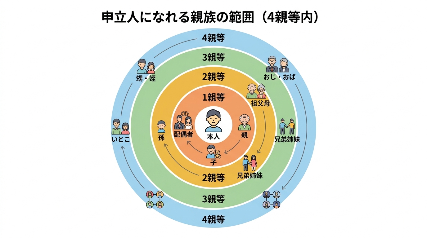 成年後見の申立人になれる4親等内の親族の範囲を図解したインフォグラフィック。本人を中心に、子、兄弟姉妹、いとこなどの関係性が示されている。