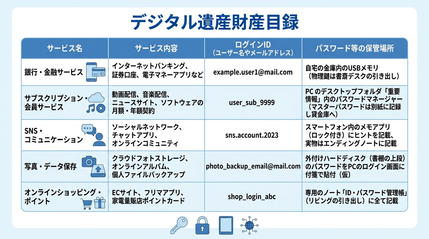 デジタル遺産の情報を整理するための財産目録のテンプレート画像。サービス名、サービス内容、ログインID、パスワードの保管場所の項目が示されている。