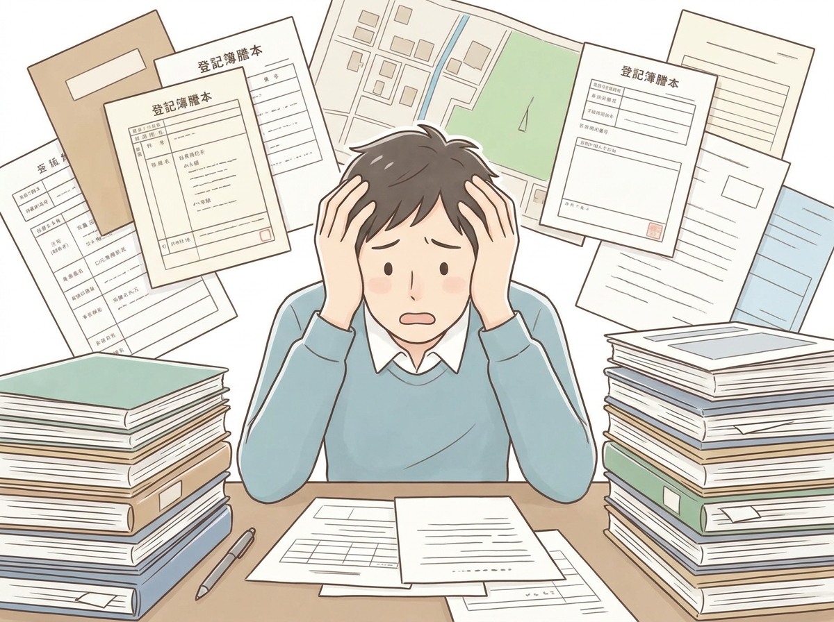 多数の不動産相続で、書類の山を前に頭を抱えている男性のイラスト。