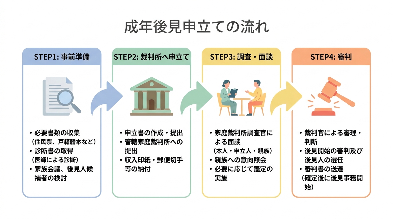 親族による成年後見申立て手続きの流れを図解したインフォグラフィック。事前準備、裁判所への申立て、調査・面談、審判の4ステップが示されている。