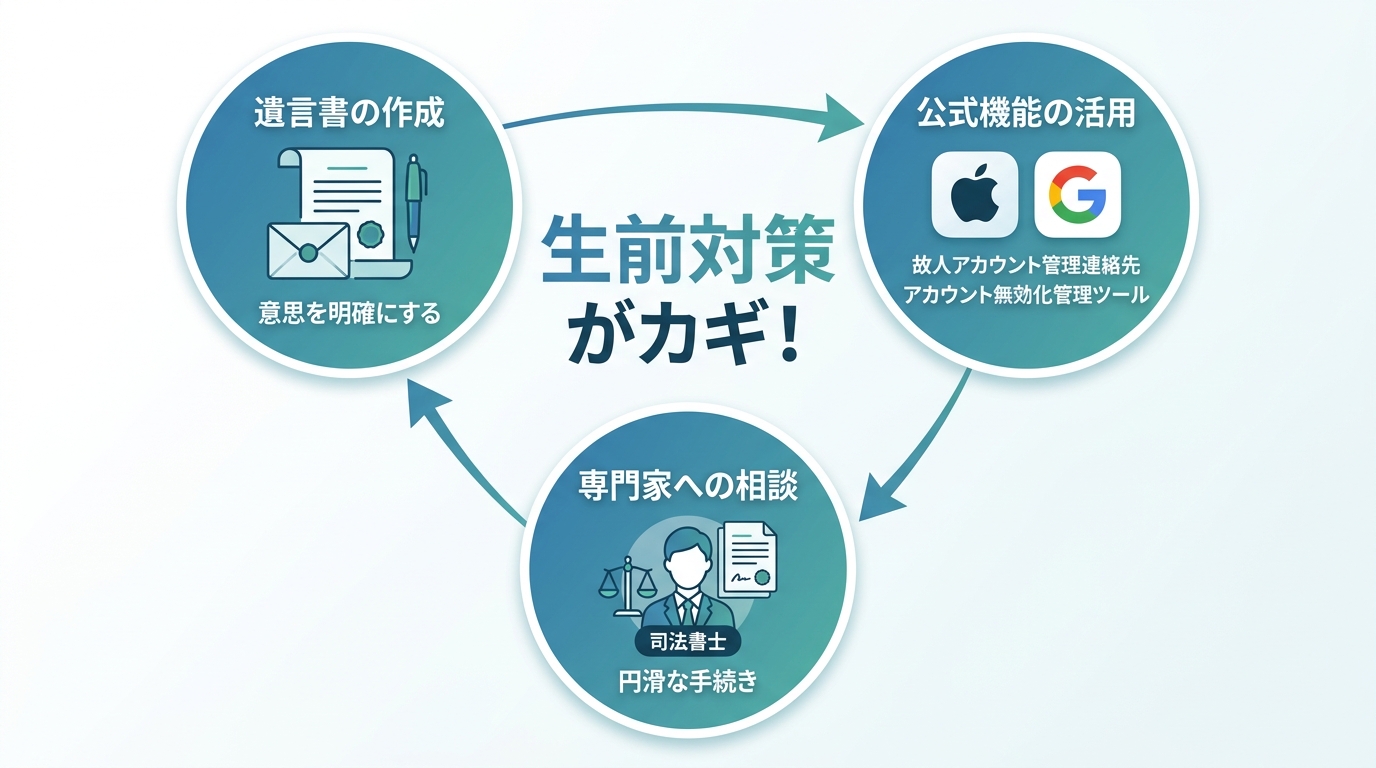 デジタル遺産相続のトラブルを避けるための3つの最善策（遺言書作成、公式機能の活用、専門家への相談）を示した図解。